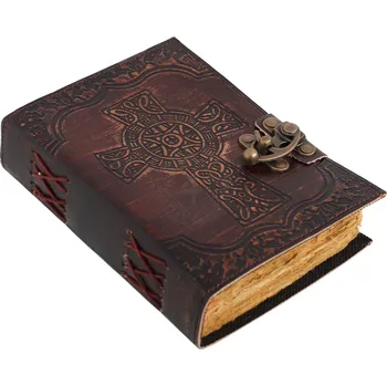Karnevalový kostým Leather Journals Kožený deník Keltský kříž, patinovaná kůže, vintage papír, 18,5x13,5 cm