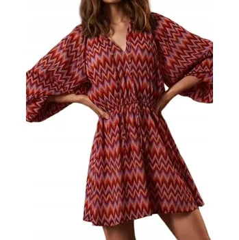 Dámské šaty BAREVNÉ VZOROVANÉ ŠATY MINI S DLOUHÝM RUKÁVEM NA ZAVAZOVÁNÍ XXS