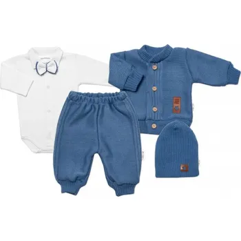 5-dílná pletená sada Baby Nellys, Boy, body, kalhoty, svetr, čepička, motýlek - modrá - 68 (3-6m)