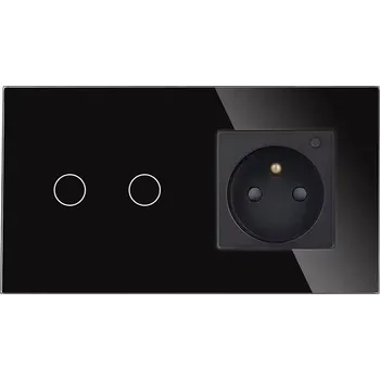 vypínač DVOJITÝ SKLENĚNÝ VYPÍNAČ SVĚTLA 2G + JEDNODUCHÁ ZÁSUVKA ČERNÁ