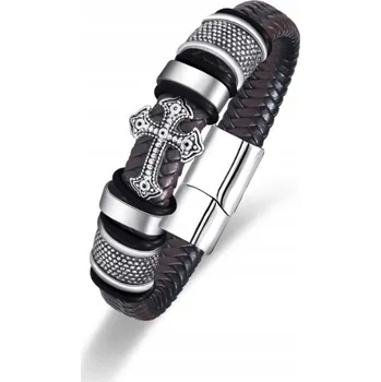 Náramek Pánský kožený náramek 23cm stříbrný kříž magnet pletený