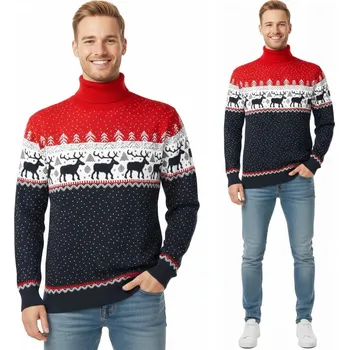 Pánský svetr Pánský vysoký rolák vánoční svetr tmavě modrý, červený, norský sobík, XXL