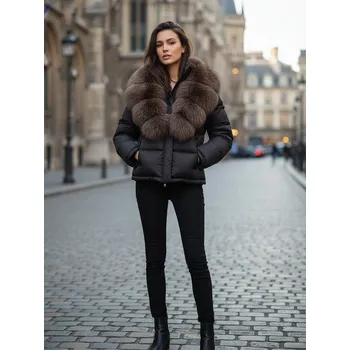 Dámská bunda Dámská černá prošívaná zimní bunda s pravou kožešinou, VELIKOST M