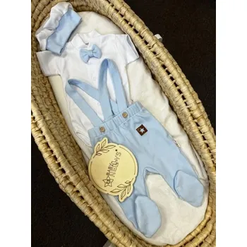 Kojenecká souprava Baby Nellys | Bavlněná souprava Gentleman 3D, body kr. rukáv, polodupačky s láclem + čepička, modrá/bílá - 68 (3-6m)