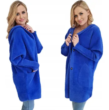 Soprato dámský kabát modrý oversize s kapucí dlouhý kabát 909 s kapucí teplý přechodný kabát univerzální velikost