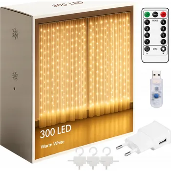 Vánoční dekorace SVĚTELNÝ ZÁVĚS 300 LED TEPLÁ BÍLÁ 3x3 USB VÁNOČNÍ GIRLANDA NA STROMEČEK S DÁLKOVÝM OVLÁDÁNÍM