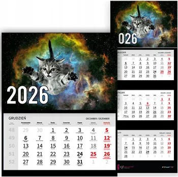 Obraz Kalendář Trojdílný Nástěnný na Rok 2026 Do Kanceláře Zvířata Kosmická Kočka Vz