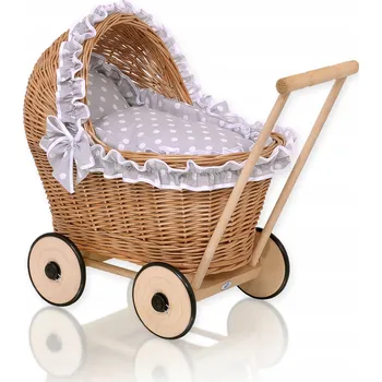 Kočárek pro panenku Proutěný kočárek pro panenky odrážedlo s šedým povlečením