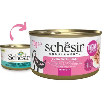 Krmivo pro kočku Schesir Cat tuňák se šunkou ve vývaru 12x70 g