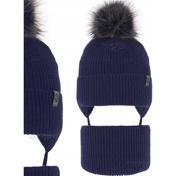 Čepice Tmavě modrý teplý zimní komplet ČEPICE vázaná + NÁKRČNÍK 46-50 fleece 9m-3 roky