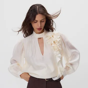 Dámské tričko Reserved - Halenka s 3D aplikací - krémová - 591EH-01X - 591EH-01X-L