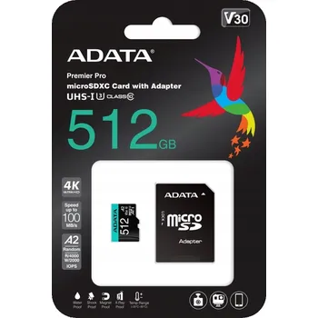 Paměťová karta Adata Premier Pro 512GB UHS-I U3 V30 A2 microSDXC karta + adaptér