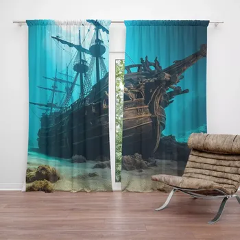 Závěs Sablio Závěs Vrak dřevěné lodi na dně moře: 2ks 140x250cm