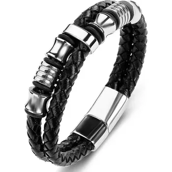 Náramek Pánský kožený proplétaný náramek Norris Stříbrný - Délka 20,5 cm