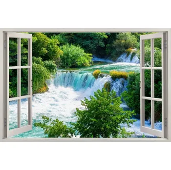 Fototapeta Dekorativní samolepka na zeď do obýváku OKNO s výhledem na vodopád a les 120x80 cm