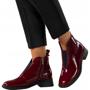 Dámská zimní obuv KOTNÍKOVÉ BOTY Bordó Dámské KOŽENÉ Lakované Pohodlné Nízký Podpatek Módní vel. 36