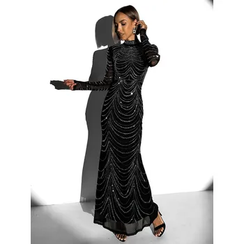Dámské šaty Černé třpytivé dlouhé šaty BISERKA s dlouhým rukávem Velikost: L
