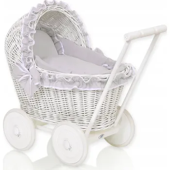 Kočárek pro panenku Proutěný kočárek pro panenky odrážedlo bílý s šedou podšívkou