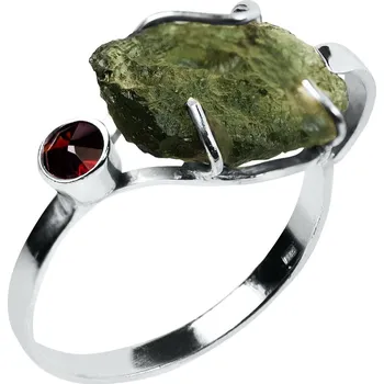 Prsten ANNA PERLY Stříbrný prsten s neopracovaným vltavínem a s granátem 59 mm
