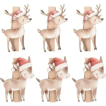 Vánoční dekorace ANDĚL Oslíci a srnky v santovských čepicích dřevění na kolíčku 3 x 4,5 x 0,3 cm, 6 ks v sáčku