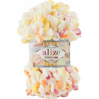 Alize Příze Puffy FINE color 6244 bílá-meruňka-žlutá-červená