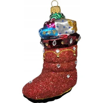 Vánoční dekorace Ručně malovaná skleněná vánoční koule ve tvaru červené ponožky plné dárků