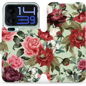 Pouzdro na mobilní telefon Flipové pouzdro Mobiwear - Xiaomi 17 Pro Max - MD06P Růže a květy na světle zelené (Knížkové flip pouzdro, obal, kryt na mobil Xiaomi 17 Pro Max - MD06P Růže a květy na světle zelené, materiál Umělá kůže + TPU - ochrana 360°, stojánek, silikonová vanička,