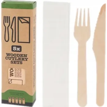 Příbor Sada dřevěných příborů nůž, vidlička, ubrousek