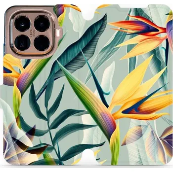 Pouzdro na mobilní telefon Flipové pouzdro Mobiwear - Xiaomi 15T Pro - MC02S Žluté velké květy a zelené listy (Knížkové flip pouzdro, obal, kryt na mobil Xiaomi 15T Pro - MC02S Žluté velké květy a zelené listy, materiál Umělá kůže + TPU - ochrana 360°, stojánek, silikonová vanička,