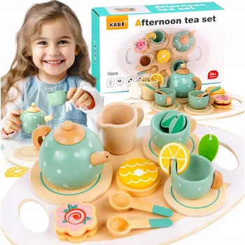 Obraz DŘEVĚNÁ SADA NA ČAJ PRO DĚTI PŘÍSLUŠENSTVÍ ČAJNÍK TALÍŘKY PODNOS