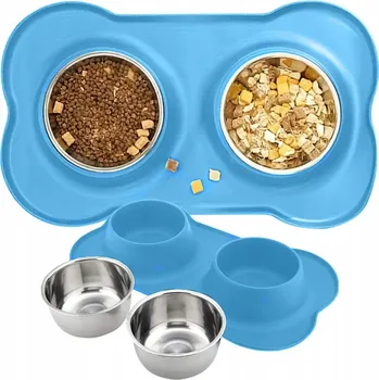 Miska pro psa DVOJITÁ MISKA PRO PSA KOČKU KOVOVÁ, PROTISKLUZOVÁ, 2 MISKY + PODLOŽKA