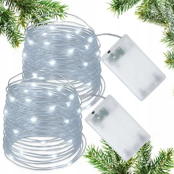 Vánoční dekorace 2 x DRÁTĚNÉ SVĚTELNÉ ŘETĚZY 100 LED NA BATERIE BÍLÁ STUDENÁ 10m DEKORATIVNÍ SVĚTÝLKA