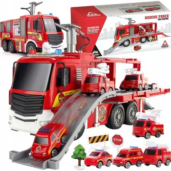autíčko Interaktivní hasičské auto s vodní pumpou, zvukem a 4 malými vozidly červená