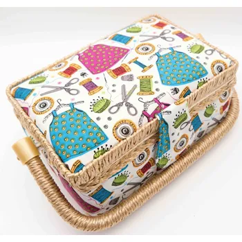 Organizér galanterie Textilní kazeta na šicí potřeby - krejčovské motivy s šicími potřebami - rozměry 25 cm x 15 cm x 9 cm