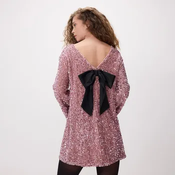 Dámské šaty Reserved - Mini šaty s mašlí - pastelově růžová - 976GA-03X - 976GA-03X-S