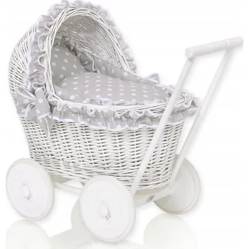 Kočárek pro panenku Proutěný kočárek pro panenky odrážedlo bílý s šedou podšívkou