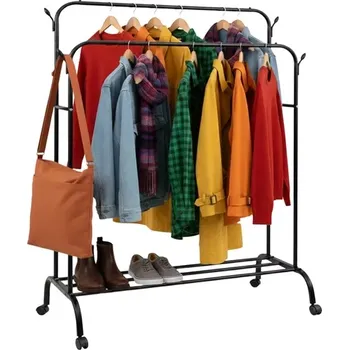 Věšák Pojízdný stojan na oblečení RUHHY s dvojitou tyčí a policí