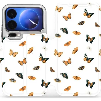 Pouzdro na mobilní telefon Flipové pouzdro Mobiwear - Xiaomi 17 Pro - VP77S Oranžoví motýlci (Knížkové flip pouzdro, obal, kryt na mobil Xiaomi 17 Pro - VP77S Oranžoví motýlci, materiál Umělá kůže + TPU - ochrana 360°, stojánek, silikonová vanička, magnetické zavírání)