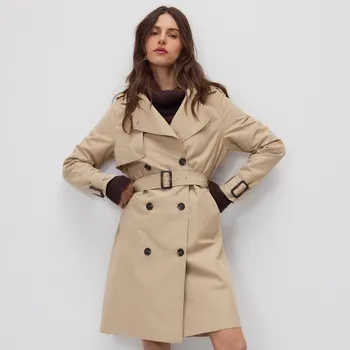 Dámský kabát Reserved - Dvouřadý trenčkotový kabát s páskem - béžová - TS892-08X - TS892-08X-XS