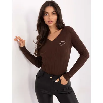 Dámské tričko Hnědá bavlněná halenka s výšivkou a výstřihem do V RV-BZ-