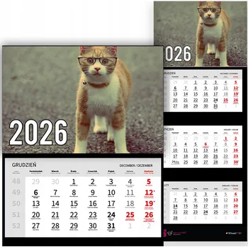 Obraz Trojdílný nástěnný kalendář na rok 2026 - do kanceláře, zvířata, kočka v brýlích - vzor