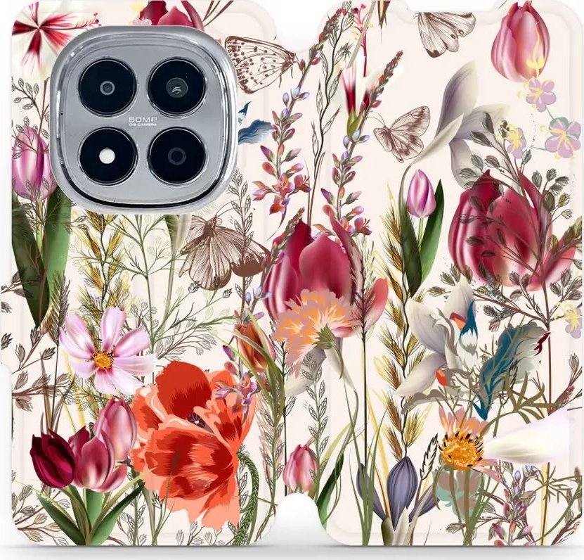Flipové pouzdro Mobiwear - Xiaomi Redmi Note 15 Pro 5G - MP01S Rozkvetlá louka (Knížkové flip pouzdro, obal, kryt na mobil Xiaomi Redmi Note 15 Pro 5G - MP01S Rozkvetlá louka, materiál Umělá kůže + TPU - ochrana 360°, stojánek, silikonová vanička,)