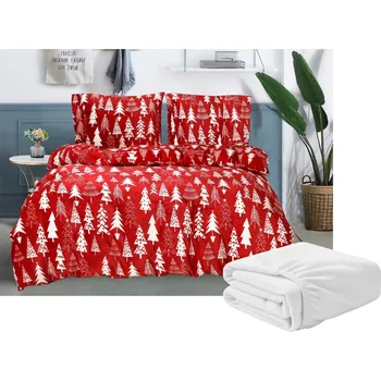 Povlečení Sada mikroplyšového povlečení CHRISTMAS TREES červené + prostěradlo mikroplyš SOFT 180x200 cm bílé, dvoulůžko