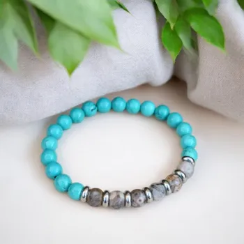 Náramek MkD Náramek z minerálů RADOST Z PŘÍTOMNÉHO OKAMŽIKU - sinkiangský tyrkys, maifanit, chirurgická ocel, unisex