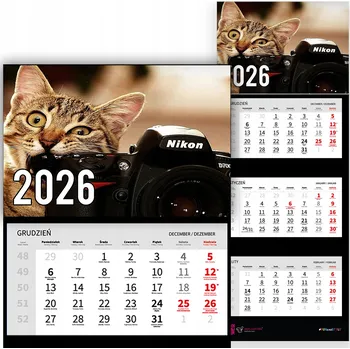 Obraz Trojdílný Kalendář na Zeď 2026 do Kanceláře - Zvířata, Kočka & Fotoaparát - Různé Vzory