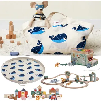 Hrací deka 3 SPROUTS Set hrací podložka/vak a dřevěné hračky A Whale