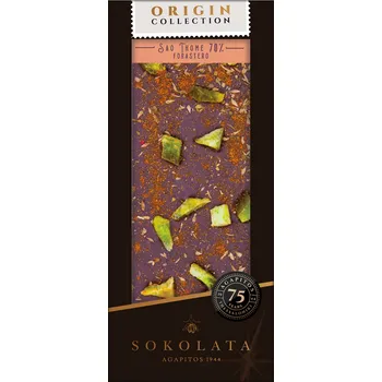 Čokoláda SAO THOME 70% hořká čokoláda s tymiánem, kardamomem, citrónem a uzeným pepřem 100g SOKOLATA AGAPITOS