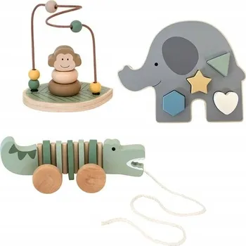 Dřevěná hračka Edukativní sada tří hraček safari: třídič, proplétadlo a krokodýl do
