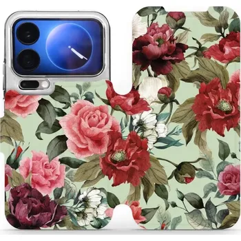 Pouzdro na mobilní telefon Flipové pouzdro Mobiwear - Xiaomi 17 Pro - MD06P Růže a květy na světle zelené (Knížkové flip pouzdro, obal, kryt na mobil Xiaomi 17 Pro - MD06P Růže a květy na světle zelené, materiál Umělá kůže + TPU - ochrana 360°, stojánek, silikonová vanička,)
