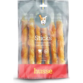 Pamlsek pro psa Husse Sticks, 6 ks | Tyčinky z buvolí kůže omotané kuřecím masem